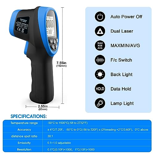 Pyrometer 30:1 Non-Contact High Temp Thermometer Gun-58℉ to 2732℉ (-50℃ ~ 1500℃) IR Thermometer Gun with Mobile APP for Pizza ovens, Kiln, Forge RQ-1500APP【Not for Human】