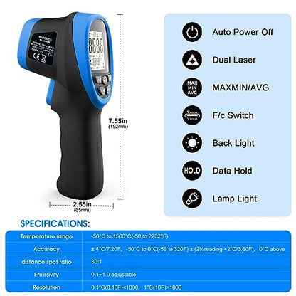 Pyrometer 30:1 Non-Contact High Temp Thermometer Gun-58℉ to 2732℉ (-50℃ ~ 1500℃) IR Thermometer Gun with Mobile APP for Pizza ovens, Kiln, Forge RQ-1500APP【Not for Human】