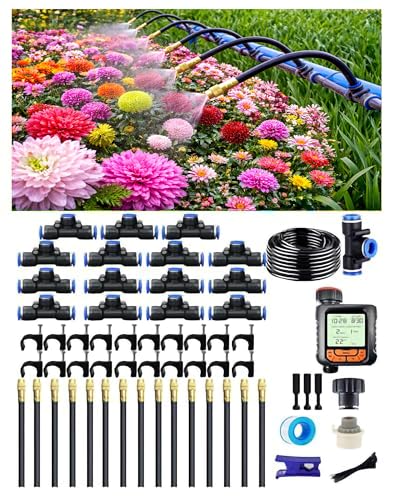 360° Adjustable Drip Irrigation System – Garden Watering Sprinkler System | 12mm Large-Diameter Tubing, Automatic Quick-Connect Misting Sprinkler System for Raised Beds, Lawn, Patio, Yard, Greenhouse - size: 65 FT