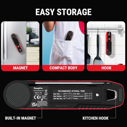 TempPro TempSwift 1 Sec Instant Read Meat Thermometer Digital | Kitchen Food Thermometer with 180° Rotating Display, IP67 Waterproof Cooking Thermometers for Deep Fry Smoker Grill BBQ, Red - color: Red