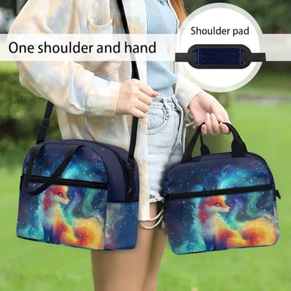 Fox Lunch Box for Girls Galaxy Lunch Bag Back to School Lunchbox Portable Outer Space Insulated Lunch Tote Bag Picnic Starry Night Lunch Boxes with Shoulder Straps Lunch Container - color: Fox Galaxy