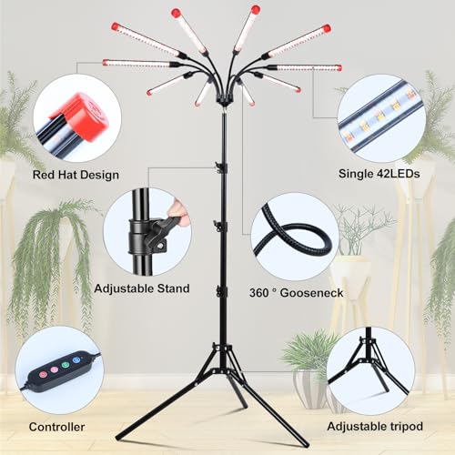10Head Grow Light with Stand for Tall&Large Indoor Plants, Bonsai Tree, Big Coverage and Bright Plant Growing Lamps, 4/8/12/16/20H Timer, 90 Watt Power Draw, NO Need Adapter, 360° Gooseneck - size: Stand-10Head-90W