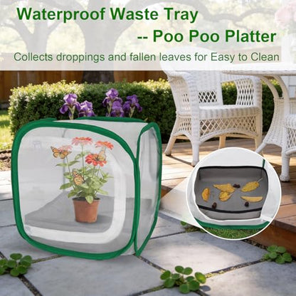 Butterfly Habitat Cage 12" x 12" x 12", Pop-up Butterfly & Insect Habitat Enclosure with Poop Tray for Easy to Clean, Small Foldable & Reusable Caterpillars Mesh Cage Terrarium for Indoor Use. - size: 12" x 12" x 12"