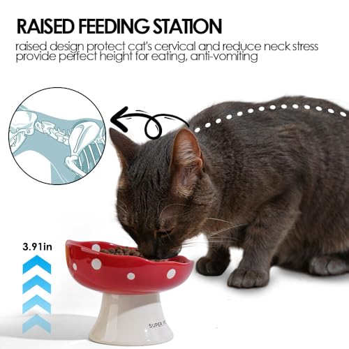 Black Mushroom Cat Bowl, Elevated Ceramic Bowl for Cats | Elevated, Ceramic, Whisker Friendly, Anti Vomitin,Cute Mushroom Design - color: Black