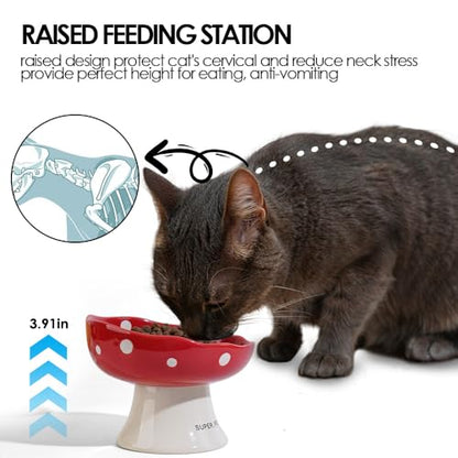 Black Mushroom Cat Bowl, Elevated Ceramic Bowl for Cats | Elevated, Ceramic, Whisker Friendly, Anti Vomitin,Cute Mushroom Design - color: Black