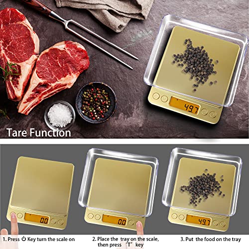 Fuzion Small Gram Scale 3000g, Digital Kitchen Food Scale, Gram and Ounce | Gold Titanium Mirror Finish, 0.1g Accuracy, 6 Modes, 2 Trays Included, Tare, Piece Counting, For Food, Coffee, Coins, Herb - color: Gold Titanium