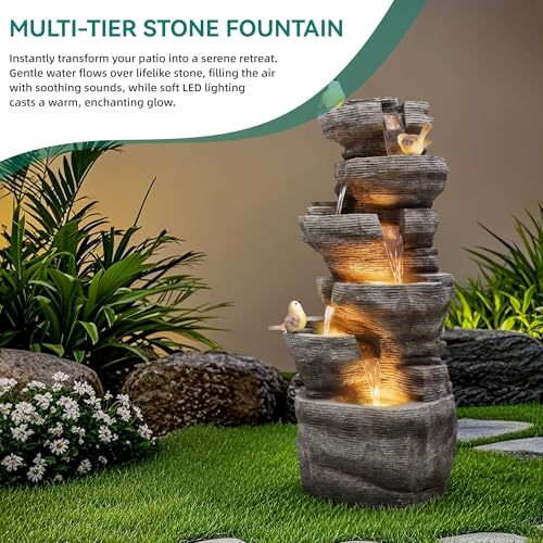39.4" 6-Tier Cascading Rock Outdoor Fountain LED Bird Waterfall | hand-carved stone with birds, garden patio porch backyard - color: 39.4"h Gray