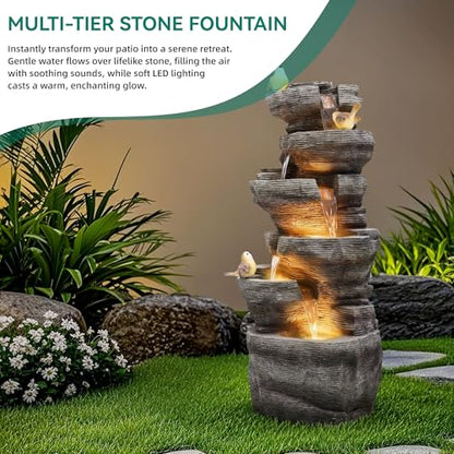 39.4" 6-Tier Cascading Rock Outdoor Fountain LED Bird Waterfall | hand-carved stone with birds, garden patio porch backyard - color: 39.4"h Gray