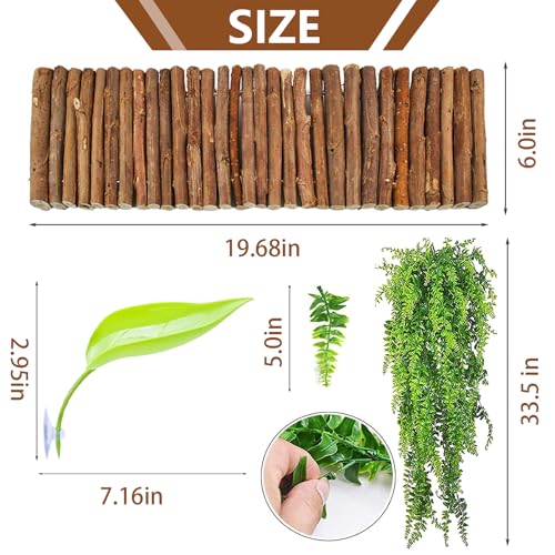 7PCS Crested Gecko Tank Accessories,Natural Leopard Gecko Coconut Hut with Ladder Plastic Leaf Platform for Reptile Wooden Bridge Lizard Hammock Hanging Plants Jungle Vines Flexible Leaves Decor - style: 【Style E】