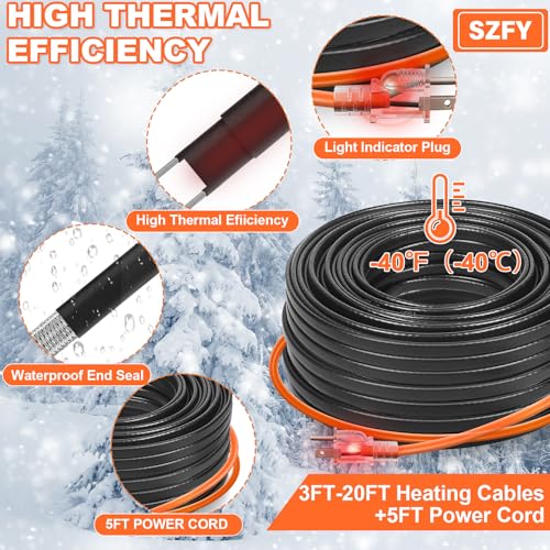 3FT Heat Tape for Water Pipes, -40°F Deicing Cable,120V 5W/FT - size: 2.5FT