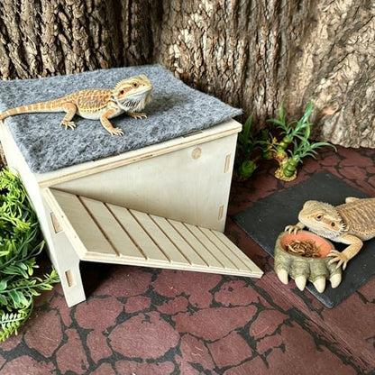 Bearded Dragon Basking Platform Wood Reptile Hide Cave Gecko Hide | Medium,9.1"×7.8"×7.1",Detachable,Installation Instructions,with Slate Rock Mat,for Gecko Chameleon Snake Crested Gecko - size: Medium