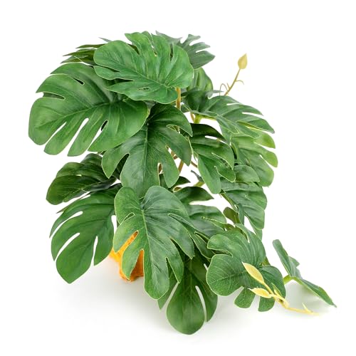 Reptile Plants Terrarium Hideaway Amphibian Habitat Fake Monstera | Imitation Reptile Plant Decoration with Base Tank Accessories for Terrarium Ball Python Bearded Dragon Gecko Lizard Tortoise - color: B-fake Monstera