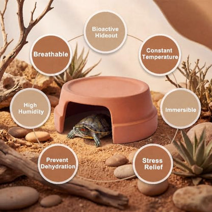 Terracotta Reptile Hide, 6.9x6.9 Bionic Humid Hideout with Smooth Entrance | Fish Tank Decorations, Basking Platform for Turtle, Frog, Toad, Bearded Dragon, Leopard Gecko, Snake, Crested Gecko