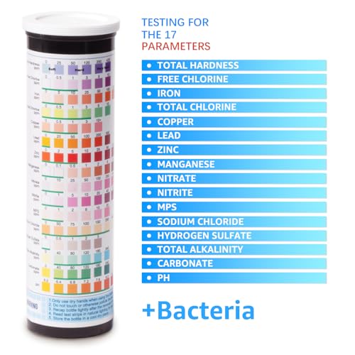 17 in 1 Water Testing Kits for Drinking Water, 100 Strips + 4 Bacteria Tests, Tap and Well Water Test Kit Easy to Test and Read for Hardness, Lead, Iron, pH, Copper, Bacteria and More