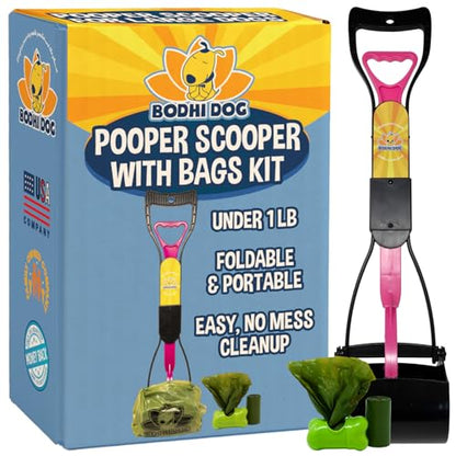 Bodhi Dog Complete Poo Pack- 24" Pooper Scooper, Poop Bags, & Waste Bag Holder, Ideal for Small to XL Pets - Durable, Easy-to-Use, Great for Grass, Gravel, & Outdoor Cleanups (Pink) - color: Pink