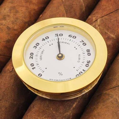 38mm Golden Upgraded Hygrometer Humidity Meter Mini Round Glass Analog Hygrometer Suitable for Humidors Guitar Violin Thermometer for Weather with Probe