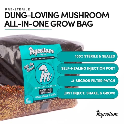 Mycelium 6LB Mushroom Growing Kit | CVG Substrate & Millet/Milo Grain Blend w/Cultivation Enhancer | All-in-One Pre-Sterilized Bag with Injection Port | Grow Dung-Loving Mushrooms Like Magic At-Home