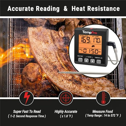 TempPro TP16SW Digital Meat Thermometer for Cooking and Grilling, BBQ Food Thermometer with Backlight and Kitchen Timer, Grill Temperature Probe Thermometer for Smoker, Barbecue, Oven, Black - color: Black,Orange
