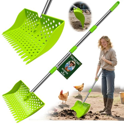 12" 2-in-1 Chicken Poop Scooper & Rake (US Patent No. D1124534), 3-Shape Sifting Holes Chicken Coop Rake, Stainless Steel Handle (20–61") - Litter Scoop Sand & Sifting Shovel (Green) - color: Green