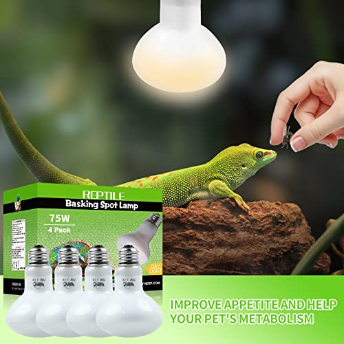LUCKY HERP 4 Pack 75W Reptile Heat Lamp Bulb (2nd Gen), Amphibian Basking Light Bulb, Reptile Daylight Bulb for Turtle, Bearded Dragon, Lizard Heating Use - size: 75