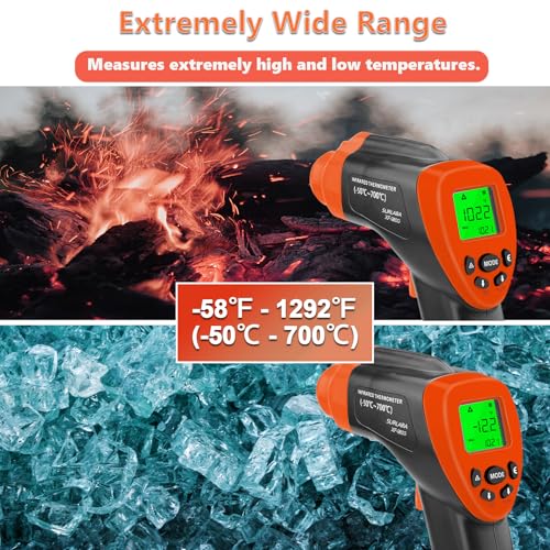 Infrared Thermometer Gun -58°F to 1292°F, Non Contact Laser Temperature Gun with 16:1 D:S, Adjustable Emissivity, Max Min Avg, High/Low Alarm for Pizza Oven Grill HVAC Auto