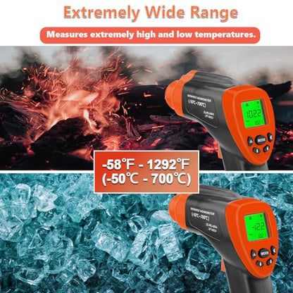 Infrared Thermometer Gun -58°F to 1292°F, Non Contact Laser Temperature Gun with 16:1 D:S, Adjustable Emissivity, Max Min Avg, High/Low Alarm for Pizza Oven Grill HVAC Auto