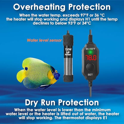 150W Compact Aquarium Heater for 15-30 Gallon Tanks | Super Short Submersible Fish Tank Heater with LED Digital Thermostat, Dry-Run & Overheat Protection, Memory Function - size: For Tanks 15-30 Gal