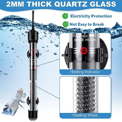 Dreyoo 2 Set 100W Submersible Aquarium Heater with 4 Thermometer Stickers | Adjustable Aquarium Fish Tank Heater with Suckers, Adjustable Knob Thermostat for Marine Saltwater and Freshwater