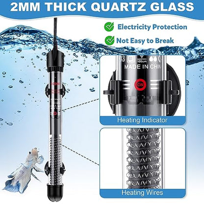 Dreyoo 2 Set 100W Submersible Aquarium Heater with 4 Thermometer Stickers | Adjustable Aquarium Fish Tank Heater with Suckers, Adjustable Knob Thermostat for Marine Saltwater and Freshwater