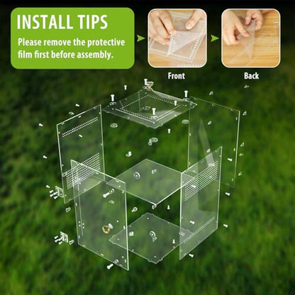 Large Jumping Spider Enclosure, 2 in 1 Ventilated Reptile Terrarium for Praying Mantis,Arboreal Tarantula,Crested Gecko, 12"*8"*8" Acrylic Habitat with Removable Divider,Front Opening & Top Lid - size: Large-12''x8''x8''