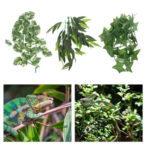 3pcs Reptile Habitat Artificial Vine Plants with Suction Cups, Leaf Green 12-inch and Two 30cm Vines, Terrarium Decor for Lizards, Geckos, and Snakes
