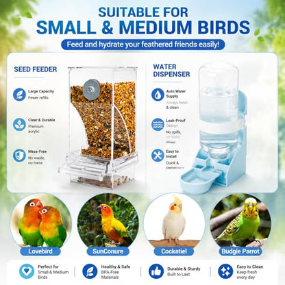 Rypet No-Mess Bird Feeder and Water Dispenser Set for Small Birds | Automatic Bird Feeder, Transparent Acrylic Food Container, Helps Reduce Seed Scatter, for Parakeet Cockatiel Parrot Canary - color: White Feeder + Blue Drinking Bottle