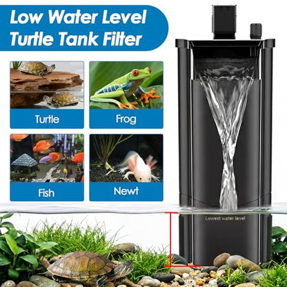 fishkeeper Turtle Tank Filter for Reptile Frog,Circulation Aquarium Filter | Adjustable Water Flow & 2 Filter Cartridges,2 Mounting Ways Low Water Level Quiet filters for turtle tank up to 15Gal