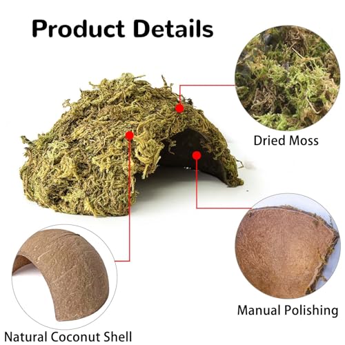 Tfwadmx 1PCS Leopard Gecko Hide, Coconut Reptile Hides Cave, Snake Hideout Mossy Caves Climbing Hide Reptile Tank Decor for Lizard Gecko Hermit Crab