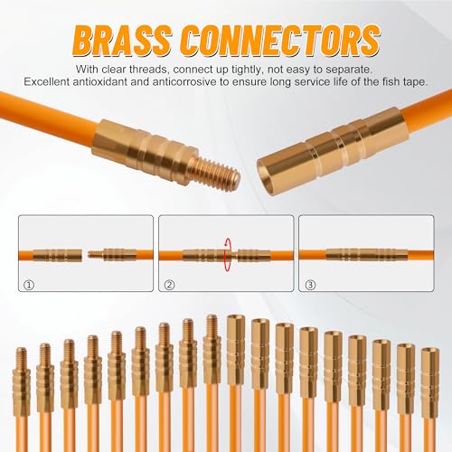 KOOTANS 22FT Fiberglass Electrical Wire Running Kit Wire Fishing Tools Fish Tape Wire Puller Through Wall Cable Snake Fish Rods Kit with Different Attachments - color: 22FT
