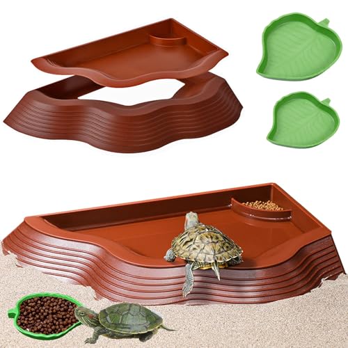 Tortoise Water Bowl with Ramp, 3PCS Leaf Reptile Food Water Bowl Turtle Pool Reptile Water Dish Tortoise Bathing Pool Turtle Soaking Dish Aquarium Habitat Accessories Large - size: Large