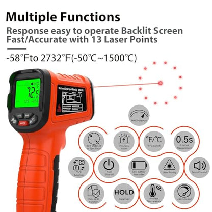 -58°F to 2732°F Infrared Thermometer Gun, Industrial 50:1 Ratio | Built for Kilns, Furnaces & Metal Processing • 13-Point Laser Guidance • MIN/MAX/AVG/DIF Analysis - color: Orange/-58°F to 2732°F-Carrying Case