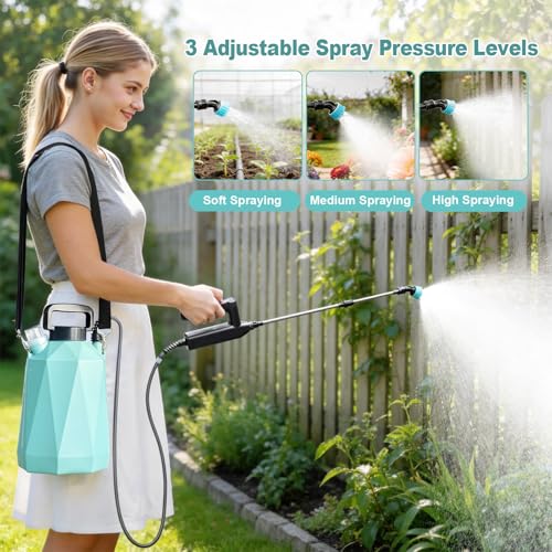 1.35 Gallon Battery Powered Sprayer, Electric Garden Sprayer with 3 Adjustable Pressures, Battery Indicator, Telescopic Wand, 4 Nozzles, Rechargeable Automatic Pump Sprayer for Lawn, Weed, Yard Care - color: Blue