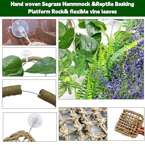 8PCS Bearded Dragon Hammock Reptile Basking Platform Rock Reptile Artificial Plants Leaves & Vines Lizard Habitat Decor Terrarium Tank Accessories for Hiding & Climbing Snake Gecko Bird Chameleon