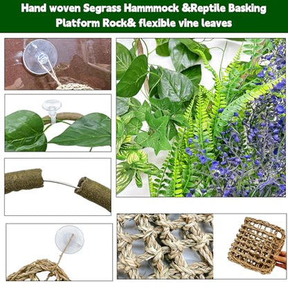 8PCS Bearded Dragon Hammock Reptile Basking Platform Rock Reptile Artificial Plants Leaves & Vines Lizard Habitat Decor Terrarium Tank Accessories for Hiding & Climbing Snake Gecko Bird Chameleon