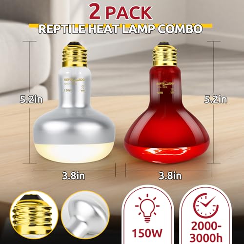 REPTI ZOO 150W Reptile Heat Lamp Bulb Combo – Day & Night Basking Light Set, 2 Pack Frosted UVA Spot Bulb + Infrared Heat Lamp, No-Disturb Nighttime Warmth for Bearded Dragon, Tortoise, Snake, Lizard