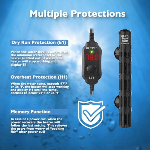 AquaMiracle Submersible Aquarium Heaters, 300W Fish Tank Heater with LED Digital Temp Display, Dry-Run Auto Power-Off & Overheat Protection, for Freshwater and Saltwater Tanks (40-75 Gal) - size: For 40-75 Gal Aquariums
