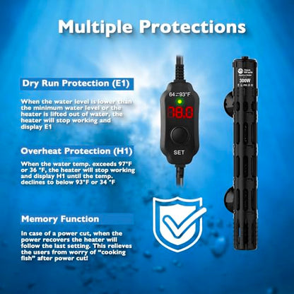 AquaMiracle Submersible Aquarium Heaters, 300W Fish Tank Heater with LED Digital Temp Display, Dry-Run Auto Power-Off & Overheat Protection, for Freshwater and Saltwater Tanks (40-75 Gal) - size: For 40-75 Gal Aquariums