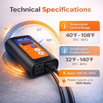 Heat Mat Thermostat | Digital Thermostat Controller for Seed Germination, Reptiles, Brewing, Incubation and Greenhouse Heating, 40–108°F, 8.3A 1000W