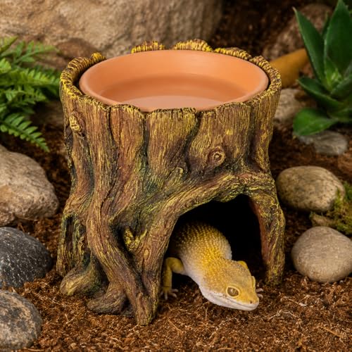 Reptile Hide Cave with Removable Top Dish, Resin Tree Stump Terrarium Decor, 2-in-1 Lizard Gecko Hideout Shelter and Feeding Bowl for Small Reptiles, 5.2 x 5.2 x 5.2 in