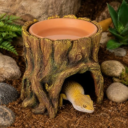 Reptile Hide Cave with Removable Top Dish, Resin Tree Stump Terrarium Decor, 2-in-1 Lizard Gecko Hideout Shelter and Feeding Bowl for Small Reptiles, 5.2 x 5.2 x 5.2 in