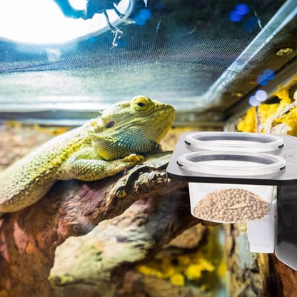 TOYANDONA Reptile Feeder with Suction Cup, Escape-Proof Worm Container and Dual-Compartment Food Bowl, Sturdy Plastic Feeding Dish for Geckos and Lizards, Terrarium Feeding Supplies