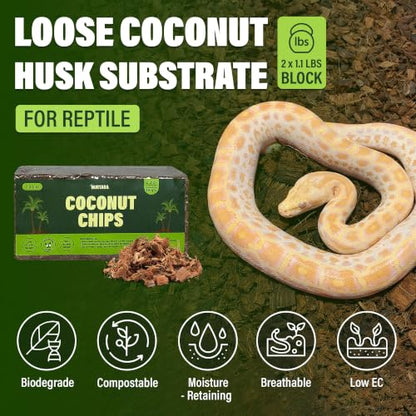 Coconut Chips Substrate, 2 Bricks, 2.2 lb Reptile Bedding, 15 qt | Expands to 15 qt, two coconut husk bricks, terrarium bedding for reptiles, orchid bark, tropical plant mulch - size: 2.2 Lbs (Pack of 2 - 1.1 Lbs Each)