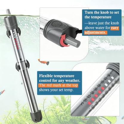 HITOP 200W Adjustable Aquarium Heater, Submersible Fish Tank Heater Thermostat with Suction Cups for 30-45Gal - size: 10.4in-200w