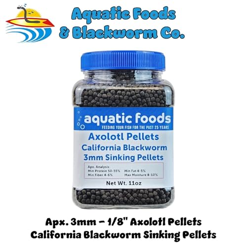 Axolotl Blackworm Pellets. 3mm-1/8 Sinking California Blackworm Medium Pellets for Medium/Large Axolotl, Frogs, Shrimp, Salamanders, Newts, Snails…11oz Jar - size: 11 Ounce (Pack of 1)